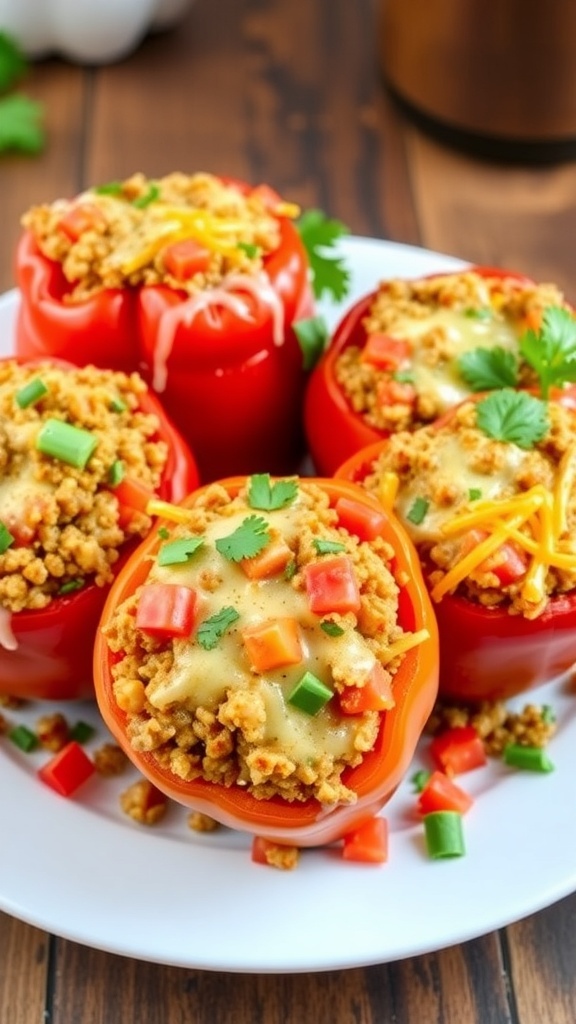 Healthy stuffed bell peppers filled with turkey and quinoa, garnished with parsley, on a rustic plate.